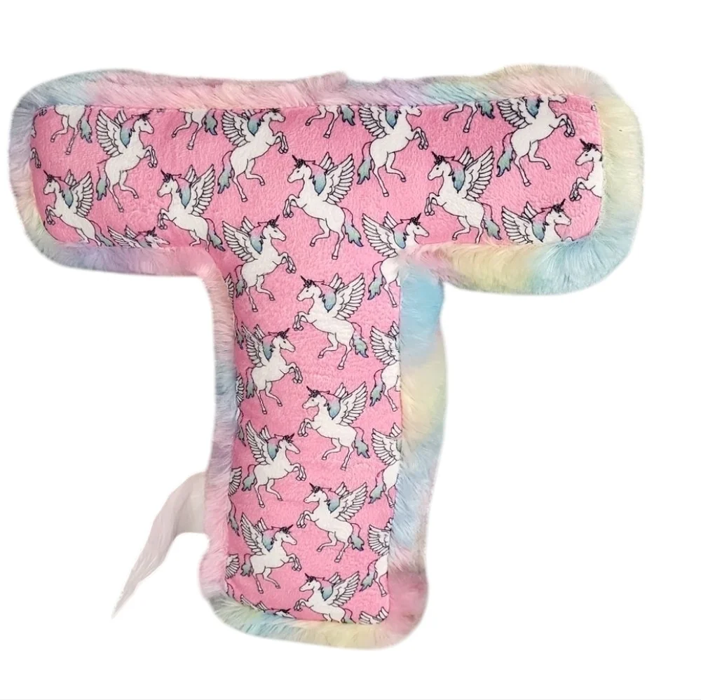 Justice Girls Tie Dye Faux Fur Unicorn Print Pillow Shape of Initial 14X 15